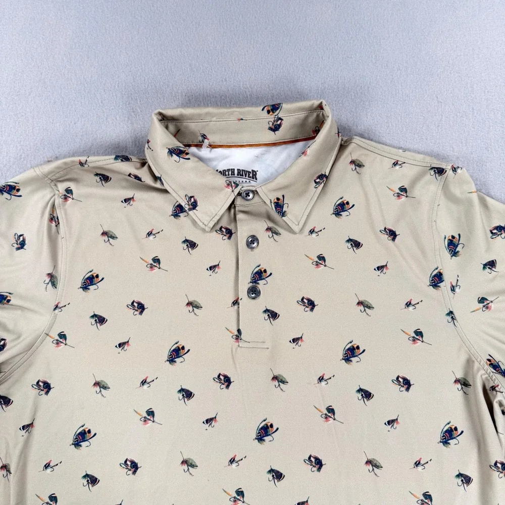 North River Outfitters Mens Tan Fly Fishing Lure Print Polo Shirt Medium M